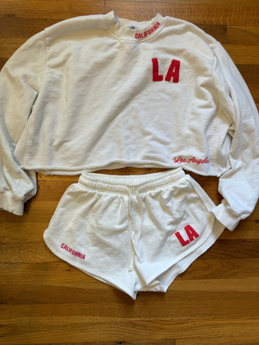 Zara White Cropped Sweatshirt and Shorts Set with Red LA Embroidery-read sizing!